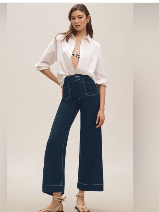 Anthropologie Pants - Anthropologie Maeva The Colette Linen Crop Wide Leg Pants Navy Blue Size |28